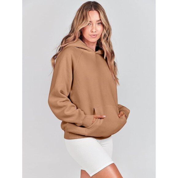 Women Light Brown Hoodies Oversized Fleece Long Sleeve Comfy Casual Sweatshirts - Picture 3 of 9